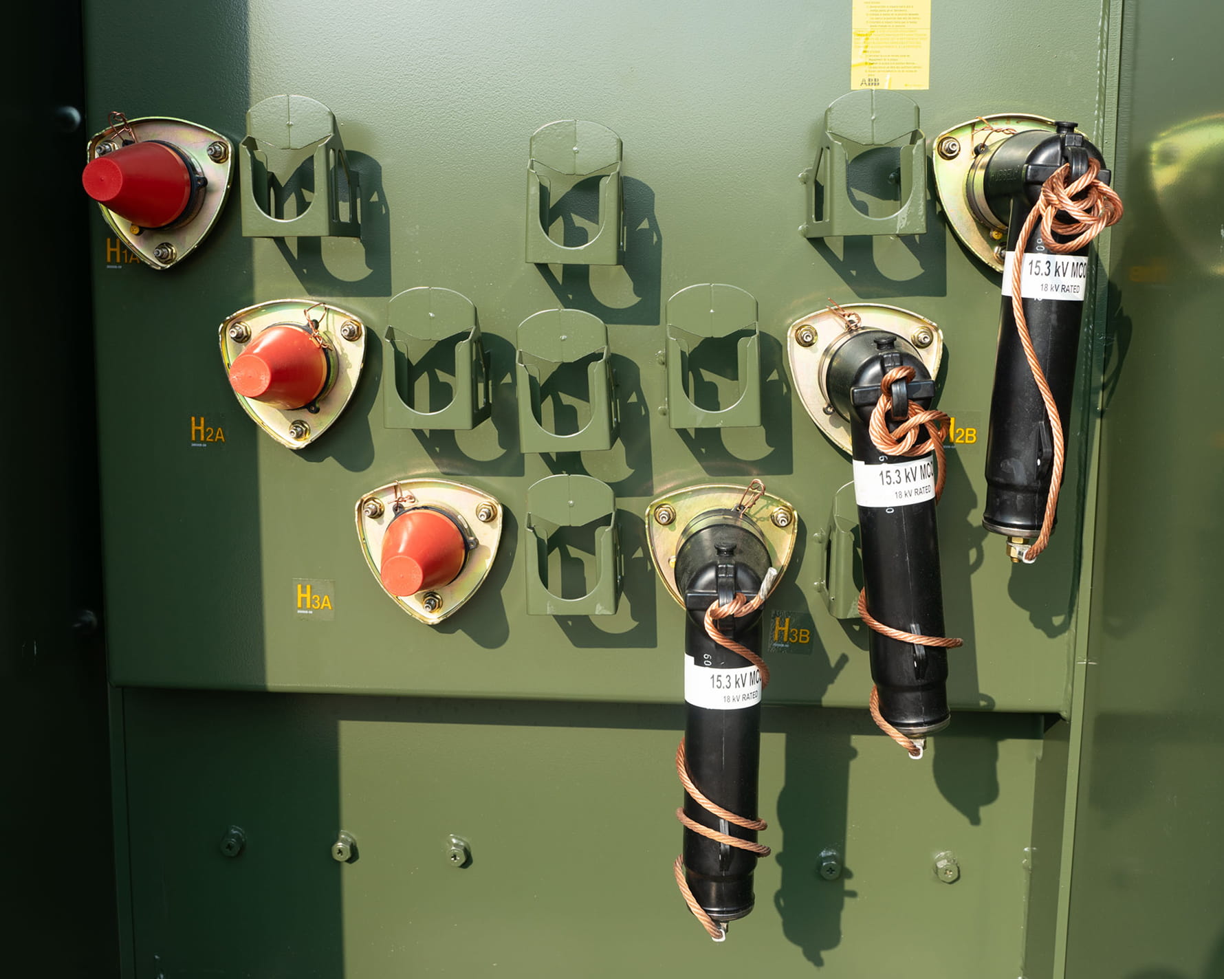 closeup of arresters on a green loop-feed padmount transformer