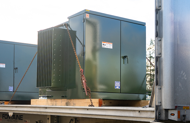 Padmount transformer on a truck